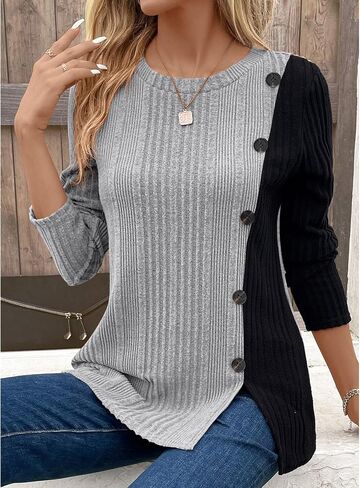 BAISHENGGT Tunic Tops for Women Dressy Casual Color Contrast Long Sleeve Blouse Crew Neck Streetwear T Shirts in Kuwait