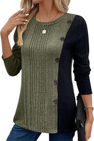 BAISHENGGT Tunic Tops for Women Dressy Casual Color Contrast Long Sleeve Blouse Crew Neck Streetwear T Shirts in Kuwait