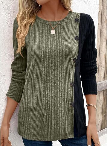 BAISHENGGT Tunic Tops for Women Dressy Casual Color Contrast Long Sleeve Blouse Crew Neck Streetwear T Shirts in Kuwait