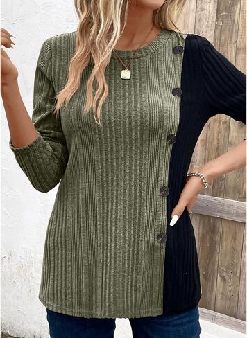 BAISHENGGT Tunic Tops for Women Dressy Casual Color Contrast Long Sleeve Blouse Crew Neck Streetwear T Shirts in Kuwait