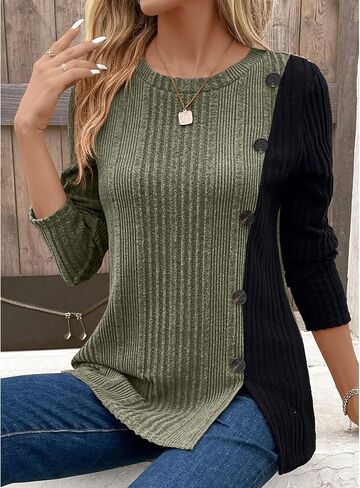 BAISHENGGT Tunic Tops for Women Dressy Casual Color Contrast Long Sleeve Blouse Crew Neck Streetwear T Shirts in Kuwait
