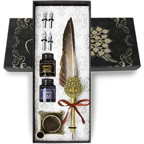 Feather Pen and Ink Set,quill pen ink set,Antique Calligraphy Pen with 4 Replaceable Nibs,2 Bottle of ink,Pen Holder Christmas Gift for Men&Women.(Gray)