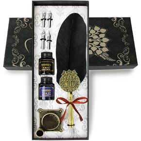 Feather Pen and Ink Set,quill pen ink set,Antique Calligraphy Pen with 4 Replaceable Nibs,2 Bottle of ink,Pen Holder Christmas Gift for Men&Women.(Gray)