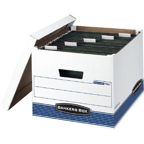 Bankers Box 4 Pack HANG'N'STOR Medium-Duty File Storage Boxes, FastFold, Lift-Off Lid, Letter/Legal, White/Blue