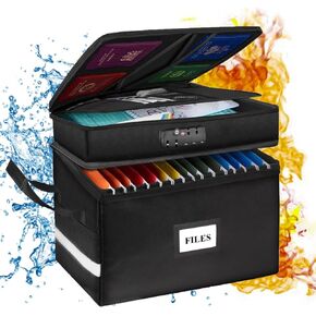 Fireproof Document Box with Lock-2 Layer File Cabinet Storage Bag with Multiple Pockets, Water-Resistant File Box with Reflective Strip-Document Organizer for Hanging Letter/Legal Folders, Certificate