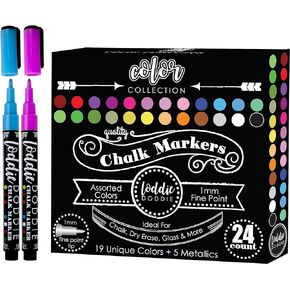 Loddie Doddie Liquid Chalk Markers | Dust Free Chalk Pens - Perfect for Chalkboards, Blackboards, Windows and Glass | 1mm Fine Point Tip Erasable Ink (Pack of 24)