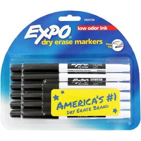 Expo Low Odor Dry Erase Markers, Fine Point, Black Ink, Pack of 12 (1905754)