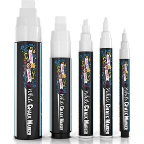 CHALKY CROWN 5pc White Chalk Markers - Non-Toxic Liquid Chalkboard Markers, White Liquid Chalk Marker for Windows, Glass - 1, 3, 6, 10, 15mm Tips