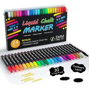 Shuttle Art Chalk Markers, 24 Vibrant Colors Liquid Chalk Markers Pens for Chalkboards, Windows, Glass, Cars, Erasable, 3mm Reversible Fine Tip with Chalkboard Labels for Office Home Supplies