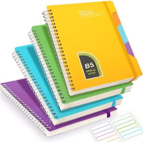 4 Pack Hardcover Spiral Notebook 5x7 Lined Journal Notebook College Ruled 320 Sheets in Total, 4 Subject A5 Spiral Notebook for Work Study and Notes, 8 Multicolor Tab Stickers Yellow Green Blue Purple