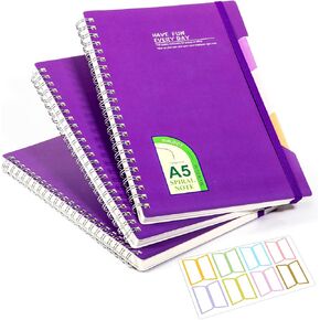 4 Pack Hardcover Spiral Notebook 5x7 Lined Journal Notebook College Ruled 320 Sheets in Total, 4 Subject A5 Spiral Notebook for Work Study and Notes, 8 Multicolor Tab Stickers Yellow Green Blue Purple