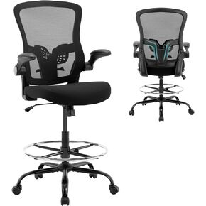 X XISHE Mesh Ergonomic Drafting Chair,Tall Adjustable Office Chair,Standing Desk Chair,Counter Height Office Chairs,Drawing Chair with Adjustable Foot Ring and PU Arms (Black)