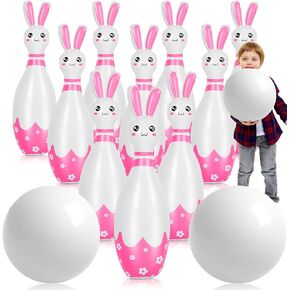 Foilswirl 12 Pcs 26 Inch Easter Bunny Bowling Set with 10 Plastic Bowling Pins and 2 Plastic Balls Inflatable Easter Games and Toys for Girls Boys Indoor Outdoor Party Event Family Holiday Activity
