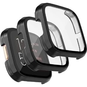 [3 Pack] Tobfit for Fitbit Versa 2 Screen Protector with HD Tempered Glass Protective Case, Hard PC Case Bumper Cover Full Coverage for Fitbit Versa 2 Smartwatch, Black/Black/Black