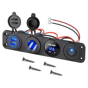 Upgraded 4 in 1 Charger Outlet Socket Panel, Dual QC 3.0 12V USB Power Outlet & Car Voltmeter Gauge & Cigarette Lighter Socket &ON Off Rocker Toggle Switch for Car Marine Boat RV Truck (with Wire)