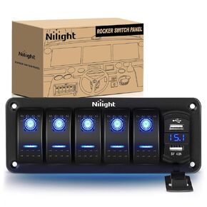 Nilight 5 Gang Rocker Switch Panel with 4.8 Amp Dual USB Charger Voltmeter Waterproof 12V 24V DC Rocker Switch with Night Glow Stickers for Car Trucks Boats RVs