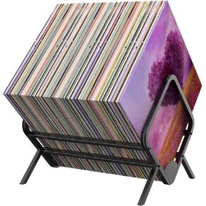 Record Storage Rack, Vinyl Record Holder for Storing 80-110 Vinyl Records, Metal Record Shelf with Dividers for Organizing Albums, Books, Magazines, Files(Matte Black)