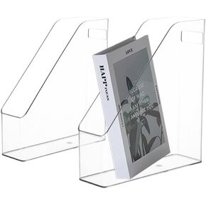 2 Pack Clear Acrylic Magazine File Holder Plastic Desk Organizer with Handle, Acrylic Vertical File Folder Bin Storage File Folders Magazine Rack Document Storage Organizer for Home Office