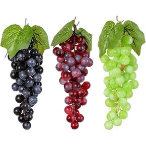 3 Bunches Artificial Grape Fake Grapes with Vines Lifelike Simulation Fruit Decorative for Kitchen Party Pub Home Cabinet Ornament(3 Colors, 60 kernels)