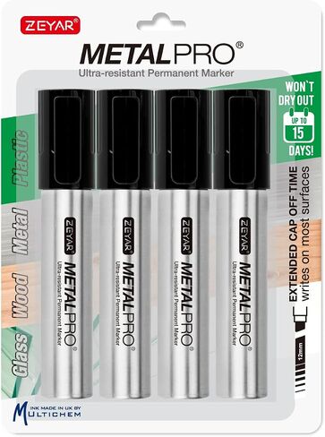 ZEYAR Permanent Markers, JUMBO Size, Aluminum Barrel, Set of 4, Waterproof & Smear Proof Markers, Writes on most surfaces (Black, Blue, Red, Green) in Saudi Arabia
