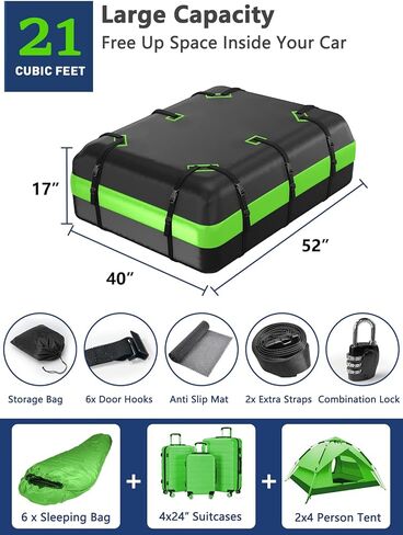 حقيبة نقل البضائع على سطح السيارة من جاسادار، 21 قدم مكعب، 100% مقاومة للماء 900D شديدة التحمل على سطح السيارة لجميع المركبات مع/بدون رف، حصيرة مضادة للانزلاق، 6 خطافات للأبواب، شريطين إضافيين - أسود وأخضر in Kuwait