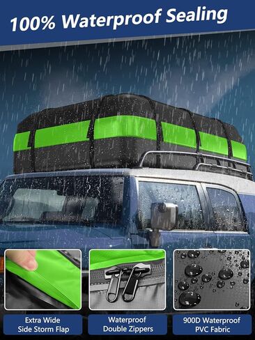 حقيبة نقل البضائع على سطح السيارة من جاسادار، 21 قدم مكعب، 100% مقاومة للماء 900D شديدة التحمل على سطح السيارة لجميع المركبات مع/بدون رف، حصيرة مضادة للانزلاق، 6 خطافات للأبواب، شريطين إضافيين - أسود وأخضر in Kuwait