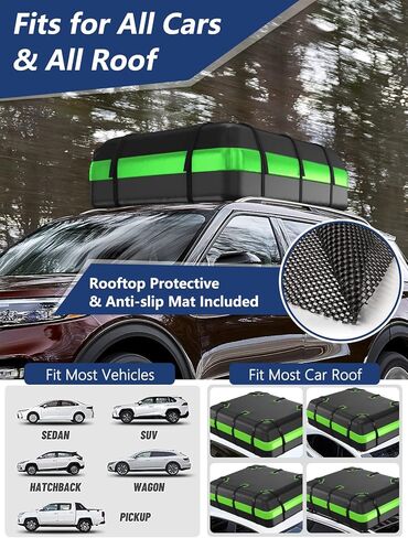 حقيبة نقل البضائع على سطح السيارة من جاسادار، 21 قدم مكعب، 100% مقاومة للماء 900D شديدة التحمل على سطح السيارة لجميع المركبات مع/بدون رف، حصيرة مضادة للانزلاق، 6 خطافات للأبواب، شريطين إضافيين - أسود وأخضر in Kuwait