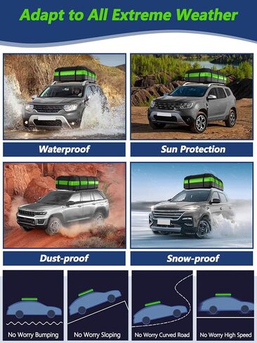 حقيبة نقل البضائع على سطح السيارة من جاسادار، 21 قدم مكعب، 100% مقاومة للماء 900D شديدة التحمل على سطح السيارة لجميع المركبات مع/بدون رف، حصيرة مضادة للانزلاق، 6 خطافات للأبواب، شريطين إضافيين - أسود وأخضر in Kuwait