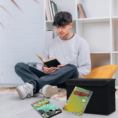 EOOUT Comic Book Storage Box, 1pcs, 15.8 x 7.5 x 11.4 Inches, Collapsible Comic, Short Box with Handles, Heavy Duty Comic Book Bin Container Holder, Black in Saudi Arabia