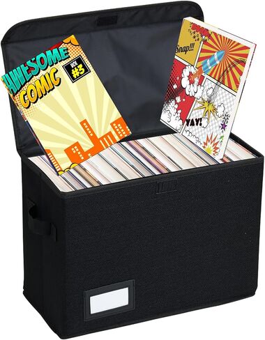 EOOUT Comic Book Storage Box, 1pcs, 15.8 x 7.5 x 11.4 Inches, Collapsible Comic, Short Box with Handles, Heavy Duty Comic Book Bin Container Holder, Black in Saudi Arabia
