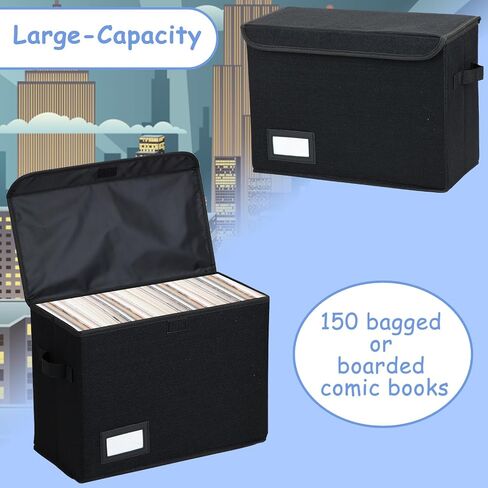 EOOUT Comic Book Storage Box, 1pcs, 15.8 x 7.5 x 11.4 Inches, Collapsible Comic, Short Box with Handles, Heavy Duty Comic Book Bin Container Holder, Black in Saudi Arabia