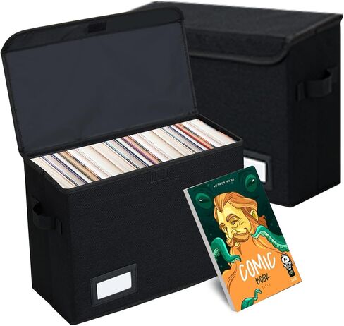 EOOUT Comic Book Storage Box, 1pcs, 15.8 x 7.5 x 11.4 Inches, Collapsible Comic, Short Box with Handles, Heavy Duty Comic Book Bin Container Holder, Black in Saudi Arabia