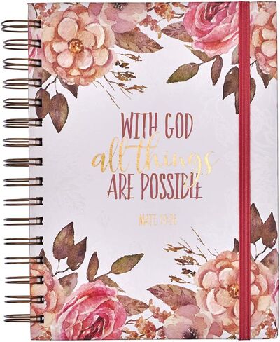 Christian Art Gifts Hardcover Journal, With God All Things Mathew 19:26 Bible Verse, Pink Floral Inspirational Wire Bound Spiral Notebook Elastic Closure Lined Pages w/Scripture, 7 x 8.5 in Saudi Arabia