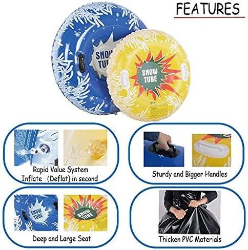 HIWENA Snow Tubes, Inflatable Snow Tubes for Family with 2 Higher Handles, Heavy Duty Snow Sled for Adults, and Snow Toy for Kids, 48 and 37 Inch Snowflake Snow Tubes (2 Pack) in Kuwait