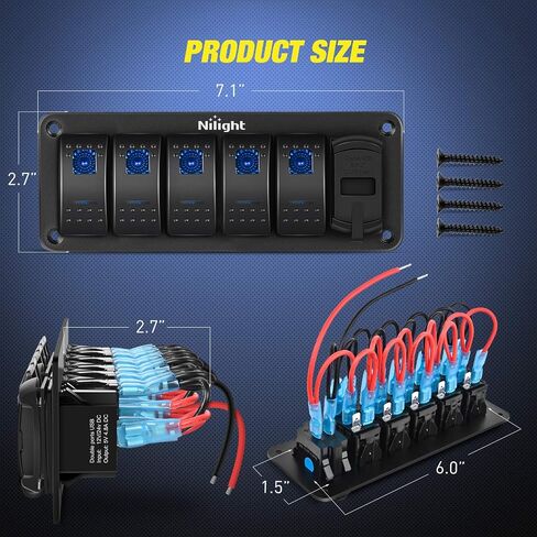 Nilight 5 Gang Rocker Switch Panel with 4.8 Amp Dual USB Charger Voltmeter Waterproof 12V 24V DC Rocker Switch with Night Glow Stickers for Car Trucks Boats RVs in Saudi Arabia