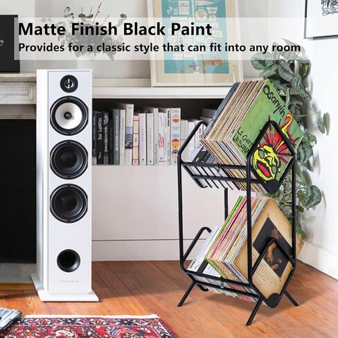 Record Storage Rack, Vinyl Record Holder for Storing 80-110 Vinyl Records, Metal Record Shelf with Dividers for Organizing Albums, Books, Magazines, Files(Matte Black) in Saudi Arabia