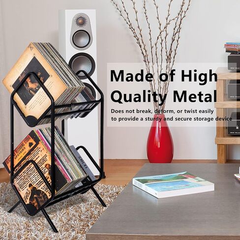 Record Storage Rack, Vinyl Record Holder for Storing 80-110 Vinyl Records, Metal Record Shelf with Dividers for Organizing Albums, Books, Magazines, Files(Matte Black) in Saudi Arabia