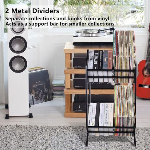 Record Storage Rack, Vinyl Record Holder for Storing 80-110 Vinyl Records, Metal Record Shelf with Dividers for Organizing Albums, Books, Magazines, Files(Matte Black) in Saudi Arabia