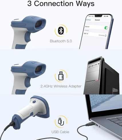 Inateck Bluetooth Barcode Scanner, 2D Wireless Barcode Scanner, Bluetooth 5.0 and 2.4Ghz Adapter, 3 in 1 Reader, Support GS1 Barcode, BCST-73 Blue White in Saudi Arabia