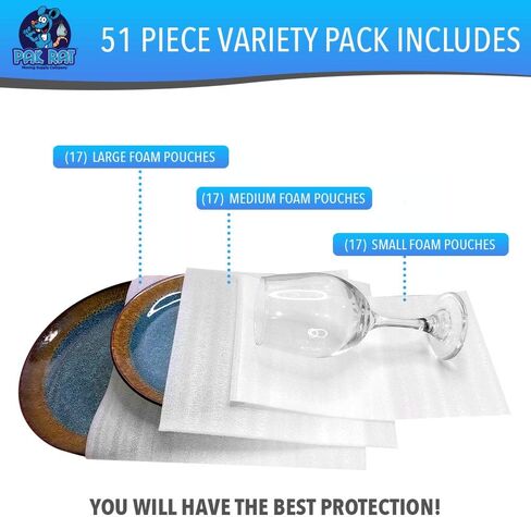 (3 أحجام) 50 قطعة من الأكياس أو الملاءات الإسفنجية الفاخرة للتغليف، وغطاء حماية للأطباق والأطباق والزجاج والأكواب والأقداح والأواني الصينية والبورسلين والأشياء الثمينة لنقل وتخزين اللوازم من باك رات in Kuwait