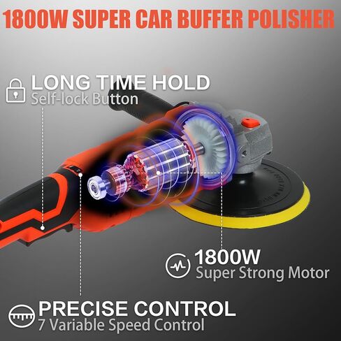 ملمع عازلة سونلر، 1800 وات 7 بوصة/6 بوصة، ملمع عازلة شمعية دوارة للسيارة، 7 سرعات متغيرة 1000-3500 دورة في الدقيقة، ملمع مقبض لتلميع السيارة، إزالة الشعر بالشمع، الصقيل، الصنفرة in Kuwait