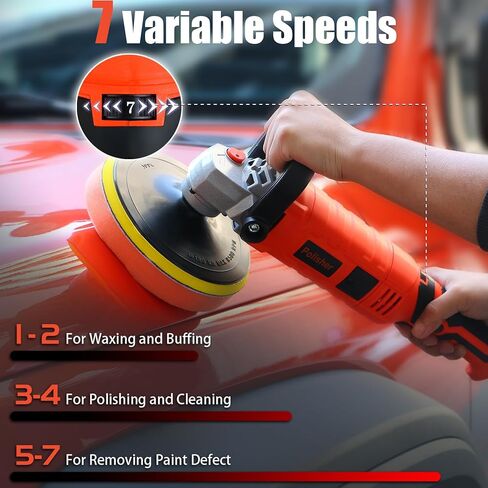 ملمع عازلة سونلر، 1800 وات 7 بوصة/6 بوصة، ملمع عازلة شمعية دوارة للسيارة، 7 سرعات متغيرة 1000-3500 دورة في الدقيقة، ملمع مقبض لتلميع السيارة، إزالة الشعر بالشمع، الصقيل، الصنفرة in Kuwait