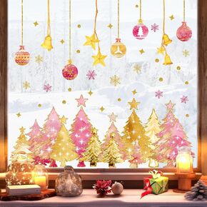 Christmas Window Clings for Glass Windows Pink Gold Christmas Tree Window Decals Double Sided Christmas Window Decorations Xmas Pine Tree Snowflakes Window Stickers for Winter Holiday Party Supplies