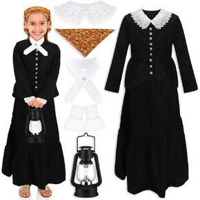 Panitay 6 Pcs Halloween Costume 1800s Colonial Costumes with lace cuffs Lace Collar LED Lantern for Cosplay Party Girls Kids