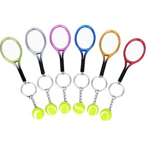 Avantaway Mini Tennis Ball and Racket Model Keychain Mental Novelty Handbag Lover Sport - 6 Pack