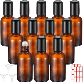 Sumind 12 Pcs 30ml Roller Bottle Glass Bottle Essential Oil with Stainless Steel Roller Bottle Refillable Sample Container Brown Empty Roll on Bottle Applicator with Funnel Sticker for Travel(Amber)