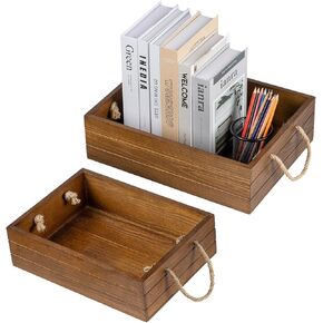 MyGift 15 Inch Rustic Burnt Solid Wood Decorative Nesting Storage Bin with Rope Carrying Handles, Weathered Wooden Pallet Design Crate, Farmhouse Style Open Top Box, 2 Piece Set
