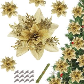 Cliselda 30Pcs Silver Poinsettias Artificial Christmas Flowers with Clips, 5.5" Glitter Artificial Flower Poinsettia Christmas Decorations Christmas Tree Flower for Xmas Wreath Garland Holiday Decor