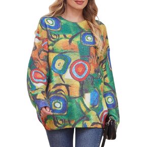 Wyeysyt Womens Christmas Sweater Graphic Oversized Vintage Long Sleeve Printed Pullover Sweaters Casual Loose Knit Tops