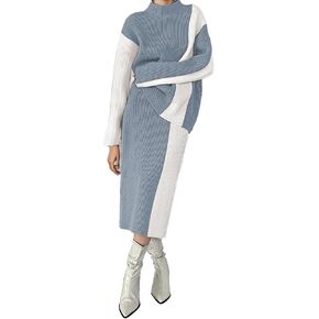 GOLDSTITCH Women's Two Piece Sweater Outfits Mock Neck Pullover Sweater High Waist Skirt Set Color Block Ribbed Set